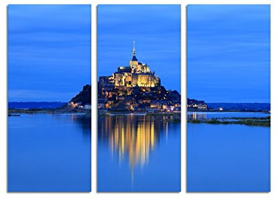 Paul Sinus Art 130x90cm – Keilrahmenbild Berg Mont-Michel Abendlicht blaue Stunde 3teiliges Wandbild auf Leinwand und Keilrahmen - Fotobild Kunstdruck Artprint