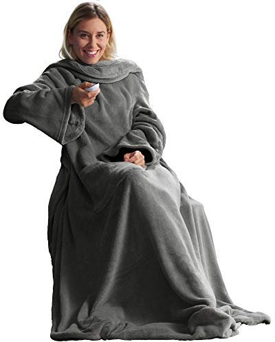 CelinaTex TV-Decke mit Ärmeln und Fußtasche Flauschige Kuscheldecke XL 170 x 200 cm grau Mikrofaser Fleece Soft Oeko-TEX