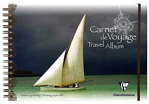 Clairefontaine 96103C Reisealbum (DIN A4, 21 x 29,7 cm, 180 g, 30 Blatt, mit Doppelspiralbindung, Gummizug, ideal für alle Globetrotter unter den Künstlern, mit Segelboot Design) weiß, Segelschiff
