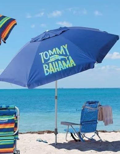 Tommy Bahama 6.5 ft Beach Umbrella Fiberglass with Sand Anchor Pole UPF 100+ and Tilt