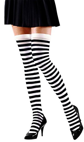 Amakando Halterlose Strümpfe Ringel Overknees Schwarz-weiß gestreift Overknee Ringelstrümpfe Streifen Überkniestrümpfe Punk Ringelstreifen Strumpfhose 70er Jahre Accessoire