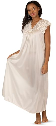 Shadowline Women’s Ivory Long Lace Nightgown | (3X) 53” Length Gown | Elegant sleepwear crafted from lightly-shimmering Satintrique nylon and soft stretch lace.