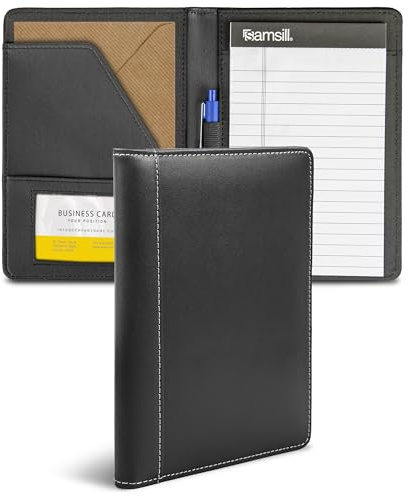 Samsill Contrast Stitch Faux-Leather Portfolio, Mini Size Business Interview Professional Padfolio, Includes 5 x 8 Inch Writing Pad, Black