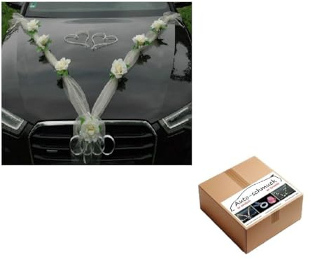 Organza M + Herzen Braut Paar Rose Deko Dekoration Autoschmuck Hochzeit Car Auto Wedding Deko Ratan Girlande ®Auto-schmuck PKW (Ecru/Weiß/Weiß)