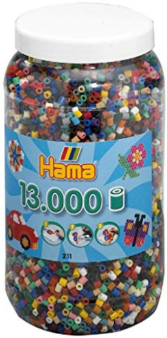 Hama pärlor 211-67 strykpärlor XXL burk med ca 13 000 färgglada midi-pysselpärlor med diameter 5 mm i full tonblandning med 22 färger, kreativt pysselkul för stora och små