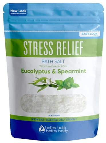 Stress Relief Bath Salt 32 Ounces (2 Lbs) USP Grade Epsom Salt with Natural Spearmint and Eucalyptus Essential Oils Plus Vitamin C in BPA Free Pouch with Easy Press Lock Seal Made in USA