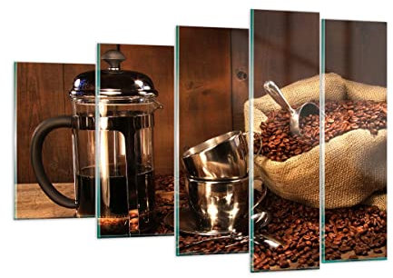 Mehrteilige Bilder auf Glas 150x100cm Glasbild Kaffeebohnen gerösteter Kaffee Tasse Groß XXL Wanddeko Schlafzimmer Küche Set 5 teilige Wandbilder Dekoration Wohnzimmer Modern Wand Art GEG150x100-0434