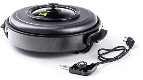 HENDI Sartén eléctrica multiusos, paellera cazuela olla plancha, de fiestas, revestimiento antiadherente, termostato, con tapa, interior: ø40cm profundidad: 5cm, 230V, 1400W, ø500x(H)190mm, aluminio