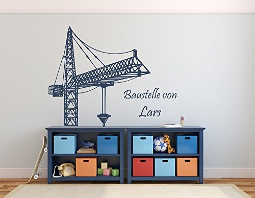 Wandtattoo mit Namen ~ Kran, Baukran, Text Baustelle von ~ fürs Kinderzimmer und Schlafzimmer Mädchen und Jungen, 73026-80x58cm-blau, fürs Jungenzimmer, Mädchenzimmer Namensaufkleber Wandaufkleber Wandtatoos Sticker Aufkleber für die Wand, Tapetensticker, Tattoo aus Markenfolie mit Wunschname, in 32 Farben wählbar