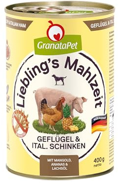 GranataPet Hundmat, älsklingens måltid fjäderfä och italiensk skinka, våtfoder för hundar, utan spannmål och sockertillsatser, helfoder, 6 x 400 g