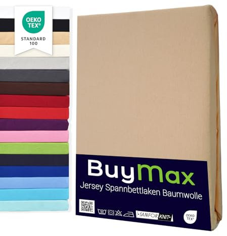Buymax® Spannbettlaken 100x200cm Baumwolle 100% Spannbetttuch Bettlaken Jersey, Matratzenhöhe bis 25 cm, Farbe Sand