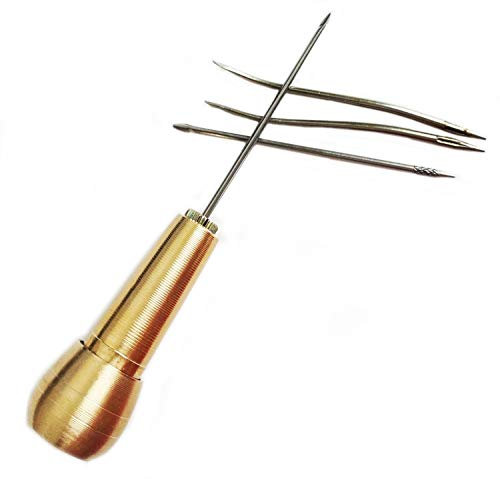 Punteruolo con manico in ottone per riparare articolo di Artigianato, Cuoio, Tenda da sole, vele, tela, scarpe, tenda - Ricevi 4 aghi GRATIS!