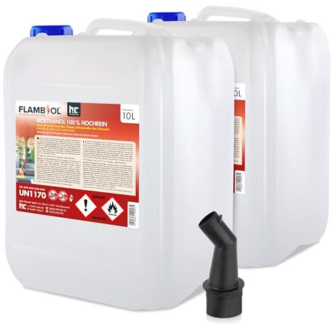 Höfer Chemie 20 L FLAMBIOL® Bioethanol 100% Hochrein (2 x 10 L) für Ethanol Kamin, Ethanol Feuerstelle, Tischfeuer und Bioethanol Kamin