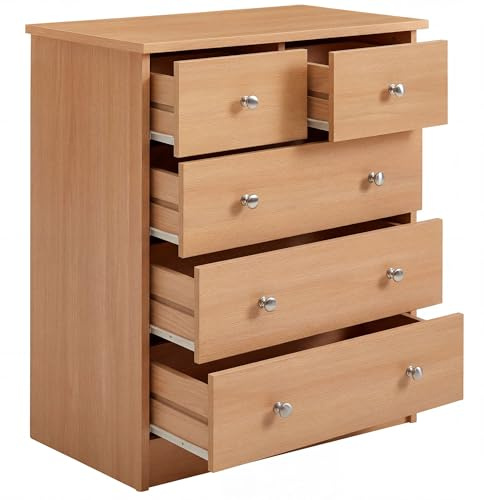 FineBuy Kommode 60x35x70 cm Buche mit 5 Schubladen, Flach | Mehrzweckanrichte für den Flur, Sideboard mit Stauraum, zeitloses Schränkchen für Schlafzimmer und Diele