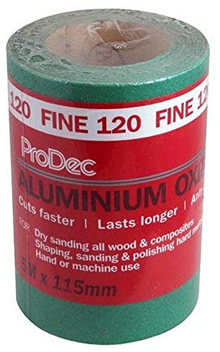 ProDec 5m Roll 120 Grit Grado fine verde ossido di alluminio carta abrasiva per la levigatura di legno, vernice, gesso, stucco, metallo e altro, 115 millimetri di larghezza carta abrasiva