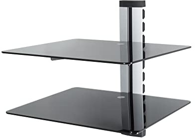 mahara Black Glass Floating Shelves - Two Tier Shelf Unit with Tempered Glass & Silver Cable Management - For TV,AV & Gaming - 38cm x 28cm - 10Kg Max