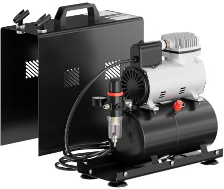 Wiltec Airbrush Einzylinderkompressor AF186A bis max. 4 bar Druck, im Gehäuse mit Abschaltautomatik und Lufttank für Modellbau, Nailart, Tattoos, KFZ