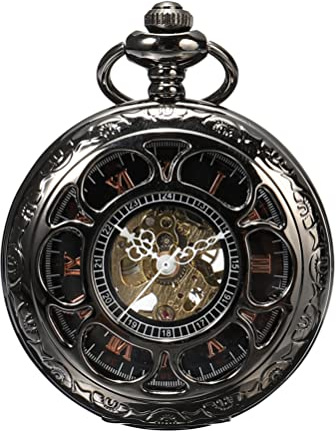 ShoppeWatch Montre a Gousset pour Homme avec Chaîne Noir | Montre de Poche Vintage à Remontage Manuel Mouvement Mécanique | Accessoire de Costume Steampunk Ferroviaire des Années 1920 PW19
