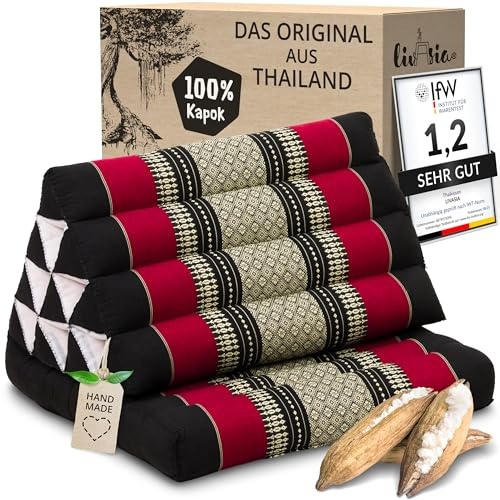 livasia Coussins thaï à 1 Bloc - 75x50x8cm - Coussin Triangulaire avec Coussin d’Assise, Coussin en biseau en kapok, Coussin de Soutien Dorsal Pliable, Tapis thaï Pliable, Fait Main (Noir/Rouge)