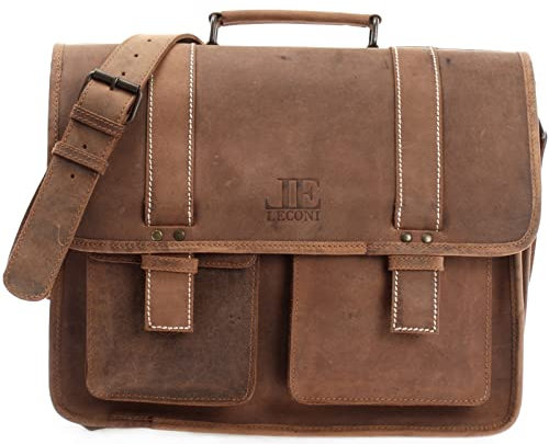 LECONI große Aktentasche Retro Look Collegetasche Unisex DIN A4 Arbeitstasche Damen & Herren Lehrertasche echtes Büffel-Leder Bürotasche Schultasche 39x30x12cm braun LE3030-N