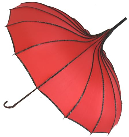 Le Monde du Parapluie Pagode Rouge pour Femme - Parapluie long Canne avec Poignée Effet Cuire - Ombrelle Haut de Gamme SOAKE - Résistant au vent grâce à ses 16 baleines