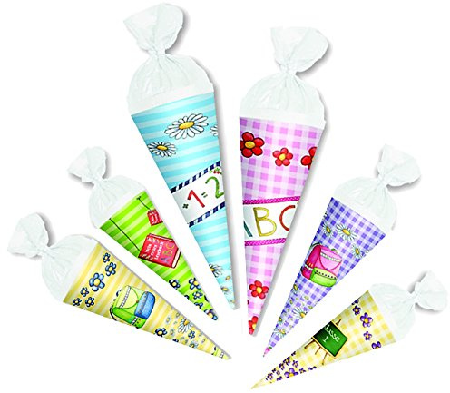 6 STK. Schultüten 10 + 12 + 16 cm - rund - Geschenktüte klein/Anhängetüte zum Aufhängen - Dekoration z.B: für Zuckertüte Deko/Tischdeko für Schulanfang De..