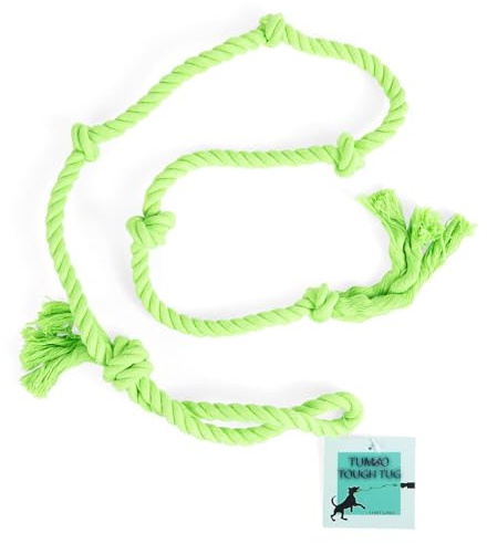 Tumbo Tough Tug Rope Dog Toy - (Green 5 ft Long Strong and Durable Rope Pull Toy with Handle) TUG of WAR Dog Toy