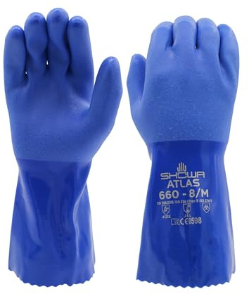 SHOWA Atlas 660 Triple-Dipped PVC Chemical Resistant Gloves, Heavy-Duty Gloves, Rough Finish Grip, Seamless Cotton Liner, 12 Length, Blue, XX-Large, 12-Pack