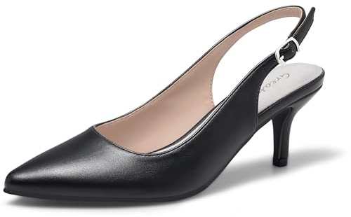 Greatonu spets sandaler Slingback kattunge klack spetsig tå pumps, - Svart lack - 36 EU