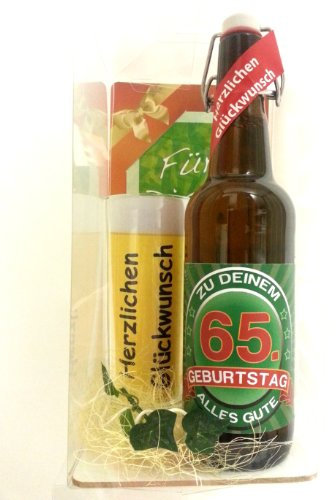 SünGross Geschenk Set, Bierset Bier Geschenk zum 65. Geburtstag das bei Frau und Mann Immer gut ankommt, Bierflasche mit Etikett, Glas Bierkrug und Geschenk Postkarte