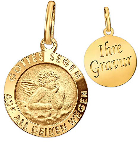 CLEVER SCHMUCK Set mit Gravur: Goldener Mini Anhänger Ø 13 mm Schutzengel GOTTES SEGEN AUF ALL DEINEN WEGEN 333 GOLD 8 KARAT Rückseite inklusive Gravur