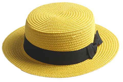 Elee Children Girls Straw Bowler Derby Hat Round Flat Brim Caps (Yellow)