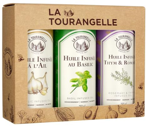 La Tourangelle - Coffret 3 Huiles Infusées Basilic, Ail Et Thym & Romarin Goût Intense Savoureux Pour Les Gourmands Passionnés De Cuisine , 250 Ml (Lot 3)