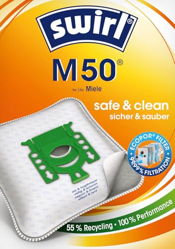 Swirl M 50 EcoPor Staubsaugerbeutel (10 Beutel), reißfeste Staubbeutel für einige Miele Staubsauger, Vorteilspack, im umweltfreundlichen Umkarton, 99,9% Filterung von Hausstaub & allergenem Feinstaub