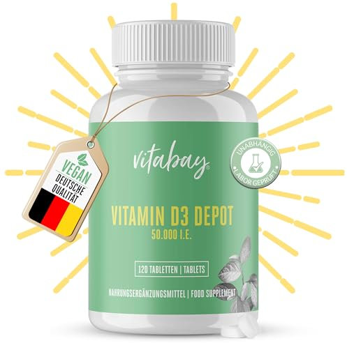 Vitabay Vitamin D3 Hochdosiert 50.000 I.E. - 120 Vegane Vitamin D Tabletten als Depot - Vit D Hochdosiert mit 50000 IE - Hochwertiges Vit D3 für lange Versorgung - Laborgeprüft
