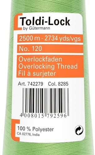 Gütermann Toldi-Lock 100% Polyester Fb. 8285-2.500 M Nähgarn, Polyester, Hellgrün, 12 x 5, cm, 1 Einheiten