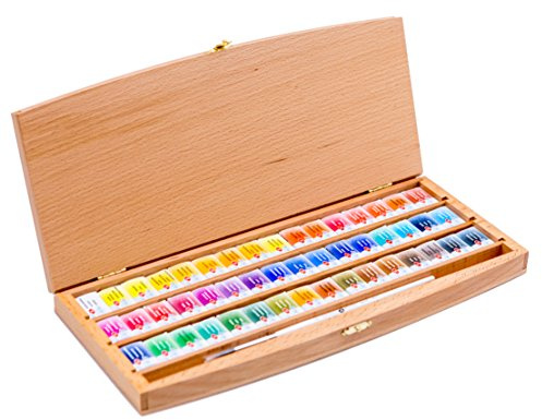 White Nights russische Künstler Aquarellfarben im Set, 48 Farben in ganzen Näpfchen im Holzkasten, hohe Brillanz und Leuchtkraft