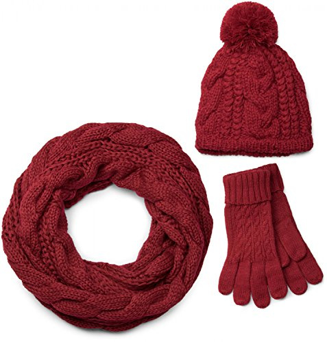 styleBREAKER Schal, Mütze und Handschuh Set, Zopfmuster Strickschal mit Bommelmütze und Handschuhe, Damen 01018208 | 3-Teilig. Schal 185x35cm. Mütze bis 59cm. Handschuhe Umfang 16-21cm. elastisch. winterfest. abgestimmte Kombination.