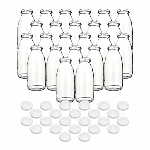 gouveo 24er Set Glas-Saftflasche 250 ml (0,25 l) Saftflasche 250 ml rund TO 43 Schraubdeckel weiß, runde Weithalsflaschen zum Abfüllen, Aufbewahren & Servieren (SF250W)