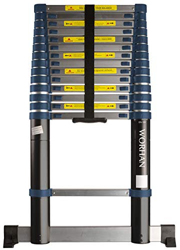 WORHAN 4.4m Teleskopleiter mit EINZIEHBARE STABILISATOREN Integrierte Abstandshalterfunktion Aluleiter Alu Teleskop Leiter Multifunktions Leiter 440cm 1K4.4