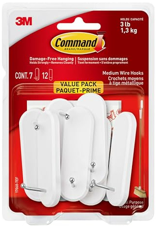 Command Wire Hooks Value Pack, Medium, White, 7 Hooks, 12 Strips/Pack