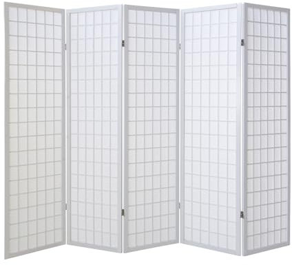 Homestyle4u 262, Paravent Raumteiler 5 teilig Innen Holz Weiß Trennwand Sichtschutz Reispapier Höhe 175 cm