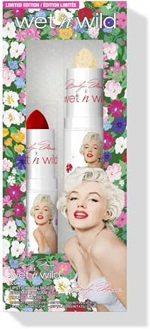 Wet n Wild Marilyn Monroe Icon Lipstick & Balm Set, 2-teiliges Lippenstift- und Lippenbalsam-Set, Feuchtigkeitsspendende Formel, mit Goldenem Glitzer, pH-aktivierte Inhaltsstoffe, Rot und Transparent