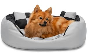 lionto Hundebett 4-in-1 mit Wendekissen aus robustem Oxford, 65x50 cm, Heimtierkissen Kratzfest mit tiefem Einstieg für Katzen und Hunde Aller Größen, inkl. Zierkissen, wasserabweisend, grau/schwarz