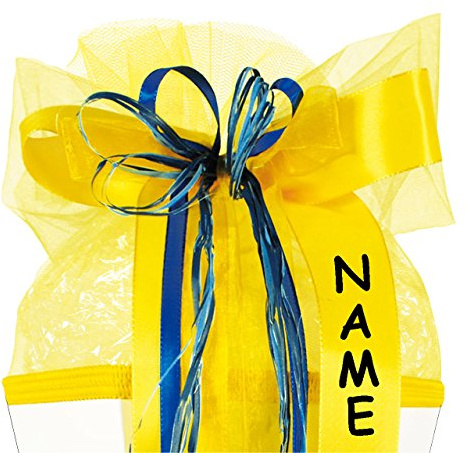alles-meine.de GmbH große 3-D Schleife - incl. Name/Text - 24 cm breit u. 60 cm lang - gelb/blau - mit edlen Satin Bändern, Tüll & Bastband - für Geschenke und Schultüten - G..