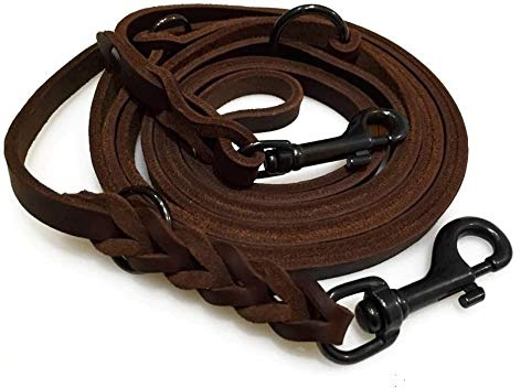 Fettleder Führleine braun 2,40m mit Edelstahl Haken in schwarz, Lederleine (240cm x 15mm)