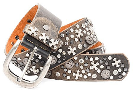 Kandharis Nietengürtel Gürtel mit Kreuz Strass Gothic Muster Metallic runden Nieten im Vintage Design kürzbar Damen LG-N15 Schwarz/Goldfarben 90cm