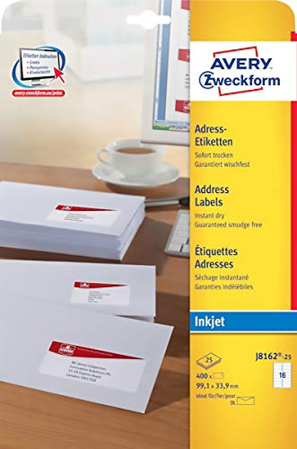 AVERY Zweckform J8162-25 Adressetiketten/Adressaufkleber (400 Etiketten, 99,1x33,9mm auf A4, bedruckbar, selbstklebend, für DIN lang Briefkuverts, Papier matt, Inkjet-Drucker) 25 Blatt, weiß