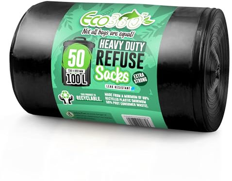 EcoBag - 50 Pack Extra Strong Heavy Duty Refuse Sacks (100L- 33 Microns), Recyclable Bin Bags, Leak Resistant, Eco-Friendly, Durable Waste Disposal Bags for Household & Commercial Use (736x990mm)