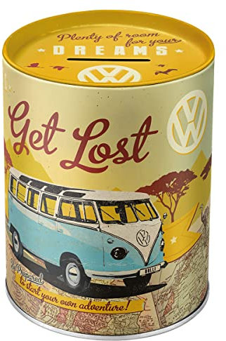 Nostalgic-Art Retro Spardose, 1 l, VW Bulli – Let's Get Lost – Volkswagen Bus Geschenk-Idee, Original Lizenzprodukt (OLP), Sparschwein aus Metall, Vintage Blech-Sparbüchse